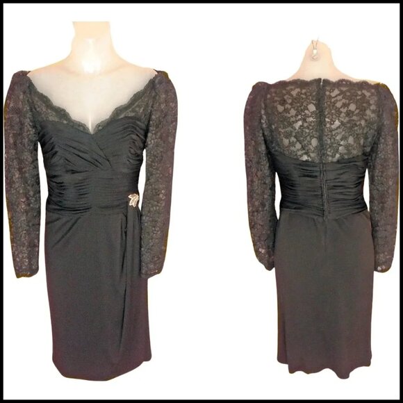 Black Lace Sheath, Long Sleeve Dress, 50s Style with Rhinestone Brooch - 90s - Picture 2 of 14